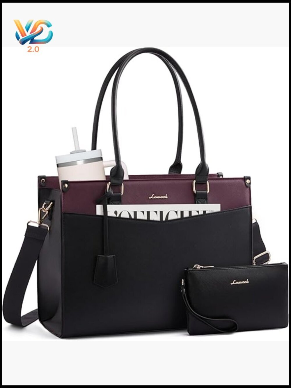 2-in-1 Laptop Tote Bag with Removable Clutch and Cup Holder